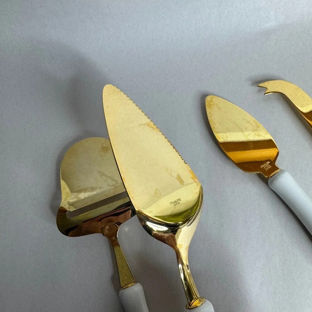 Vtg Christmas Holly Gold‎ Cheese Knife Pie Set 4pc Stainless Steel Japan Holiday